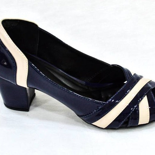 Peep Toe Azul e Creme Salto Bloco