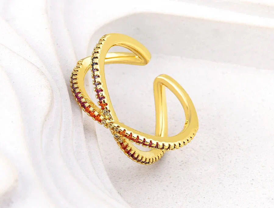 Anel Dourado Feminino Regulável Arco-íris Brilhante