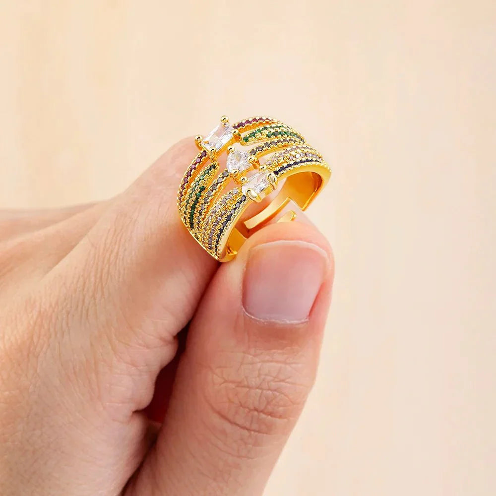 Anel Dourado Feminino Regulável  Design de 3 Camadas